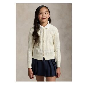 NWT Polo Ralph Lauren Girls' Cable Knit Cotton Cardigan in White, Size L (12-14)